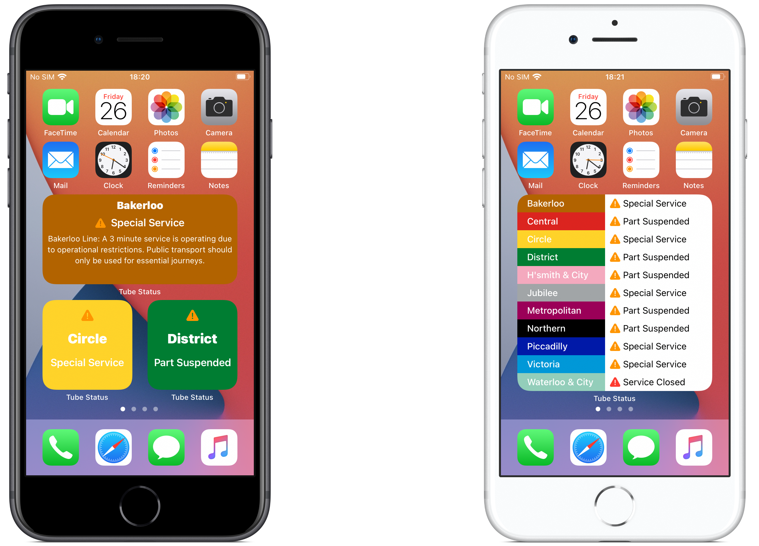 London Underground status home-screen widgets on iOS 14