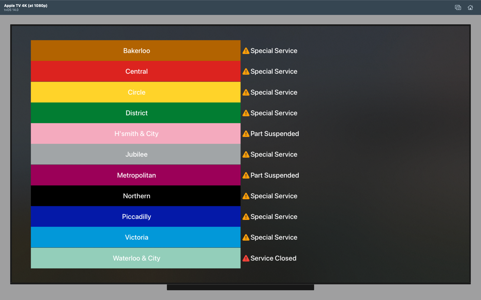 Screenshot of a TV displaying statuses for the London Underground. All lines are visible. Most show special service, District and Metropolitan lines are part suspended. Waterloo & City Line is closed.