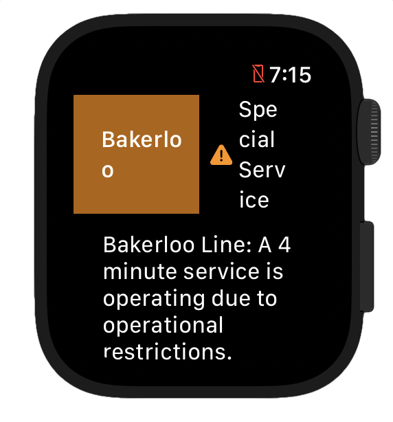 Apple Watch showing tube status with text wrapped badly breaking words in half